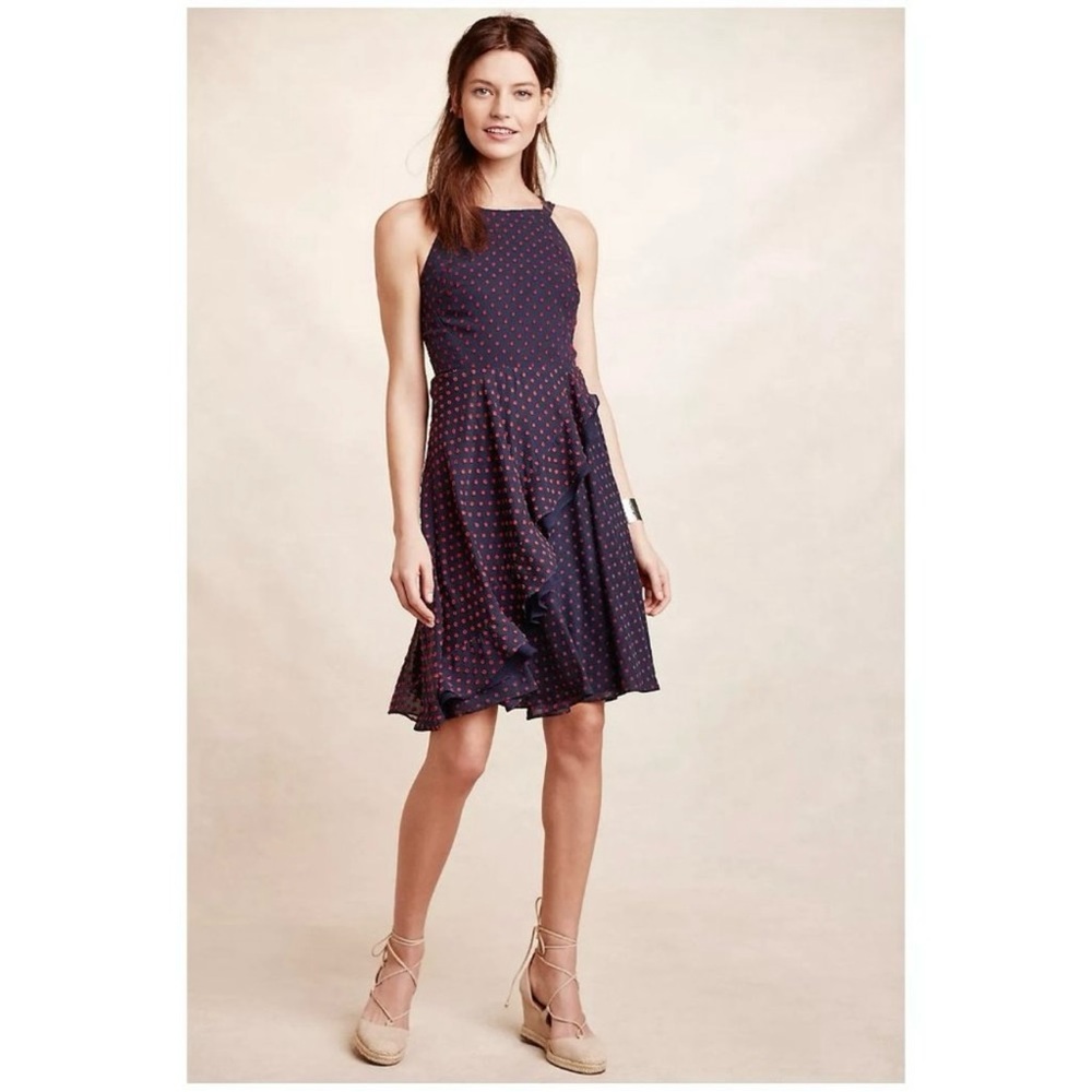 Anthropologie Eva Franco Navy Ruffled Clipdot Dress